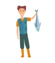 Fisherman flat icons. Fishing people with fish and equipment vector set. Fishing equipment, leisure and hobby catch fish