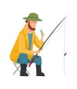 Fisherman flat icons. Fishing people with fish and equipment vector set. Fishing equipment, leisure and hobby catch fish