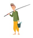 Fisherman flat icons. Fishing people with fish and equipment vector set. Fishing equipment, leisure and hobby catch fish