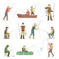 Fisherman flat icons. Fishing people with fish and equipment vector set Royalty Free Stock Photo