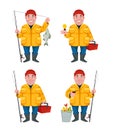 Fisherman, funny cartoon character, set of four poses.