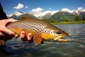Fisherman hands holding trout fish closeup. Generative AI Royalty Free Stock Photo