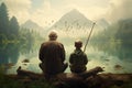 Fisherman and his grandson fishing on a lake in the mountains, Boy, father and grandfather fishing in lake, AI Generated Royalty Free Stock Photo