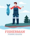 Fisherman hold large catch fish in hand and showing sign thumb up a vector poster