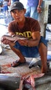 Fisherman holding baby shark in market