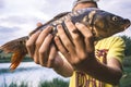 The fisherman is holding a catch - a large carp. Royalty Free Stock Photo