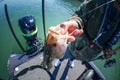 A fisherman holding a fish on the bass boat Royalty Free Stock Photo