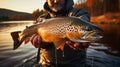 The fisherman holding a trout in hand in lake with mountain backrounds Royalty Free Stock Photo