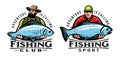 Fisherman holds big fish caught on fishing rod. Sport fishing emblem or logo design template. Vector illustration set Royalty Free Stock Photo