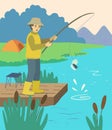 The fisherman hooked a tin can instead of fish. Cartoon concept illustration about ecology and pollution of water