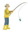 The fisherman hooked a tin can instead of fish. Cartoon concept illustration about ecology and pollution of water