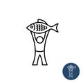 Fisherman icon. Happy man with big fish black linear style logo. Royalty Free Stock Photo