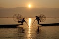 Fisherman of Inle Lake in action when fishing Royalty Free Stock Photo