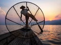 Fisherman in Inle Lake at Sunset, Inle, Shan State, Myanmar