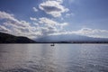 Fisherman in Kawaguchi lake with Mount Fuji in background, Japan Royalty Free Stock Photo