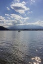 Fisherman in Kawaguchi lake with Mount Fuji in background, Japan Royalty Free Stock Photo