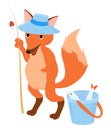 Fisherman little ginger fox with bucket, isolated