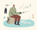 Fisherman Male Character Sitting on Box with Rod on Ice Floe Having Good Catch. Man Fishing on Lake or River at Winter Royalty Free Stock Photo