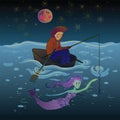 Fisherman and mermaid under the moon