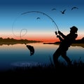 Fisherman and nature. Fisherman catches fish on a fishing rod Royalty Free Stock Photo
