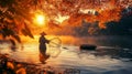 A Fisherman with a Net in a Golden Sunset Lake