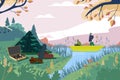 Fisherman people boat with fish vector illustration. Male spend autumn leisure outdoors on river. Man in dinghy hold