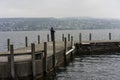 Fisherman on pier in winter on a rainy day Royalty Free Stock Photo