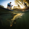 Fisherman and pike, underwater view.