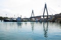 Fisherman port at Sydney fish market with Anzac bridge in the background, the image in dark tone color showing Anzac bridge.