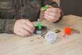 Fisherman prepare to fishing. Tools and accessories on wooden table Royalty Free Stock Photo