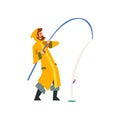 Fisherman Pulling Big Fish with Fishing Rod, Fishman Character in Raincoat and Rubber Boots Vector Illustration Royalty Free Stock Photo