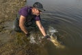 Fisherman release zander fish with splashing. Success walleye fishing at wild river Royalty Free Stock Photo