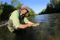 Fisherman releasing trout