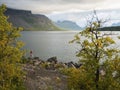 Fisherman at river Lulealven in Saltoluokta in Sweden Lapland in golden light sunrise. Green rocky mountain, birch trees and Royalty Free Stock Photo