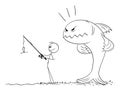 Fisherman Holding Rod with Small Fish, Big Angry Fish Threatening Him , Vector Cartoon Stick Figure Illustration Royalty Free Stock Photo