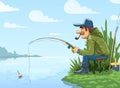 Fisherman with rod fishing on river