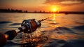 Fisherman with rod, spinning reel on the river bank. Sunrise. Fog against the backdrop of lake. background Royalty Free Stock Photo