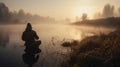 Fisherman with rod, spinning reel on the river bank. Sunrise. Fog against the backdrop of lake. Wild nature. Generative ai Royalty Free Stock Photo