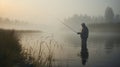 Fisherman with rod, spinning reel on the river bank. Sunrise. Fog against the backdrop of lake. Generative ai Royalty Free Stock Photo