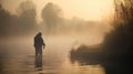 Fisherman with rod, spinning reel on the river bank. Sunrise. Fog against the backdrop of lake. background Misty morning. wild Royalty Free Stock Photo