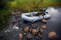 Fisherman on rubber boat catching fish on the river.Hobby. Royalty Free Stock Photo