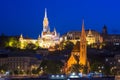 Fisherman`s Bastion and Calvinist Church at night, Budapest, Hungary Royalty Free Stock Photo