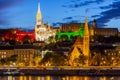 Fisherman`s Bastion with Matthias church and Calvinist church at night, Budapest, Hungary Royalty Free Stock Photo