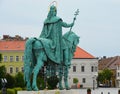 Fisherman`s Bastion and the statue of Stephen I. of Hungary and Matthias Church Royalty Free Stock Photo