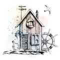 A fisherman's house on the grass with a ship's wheel, a bottle of rum and a seagull. Griffin with watercolor