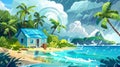 Fisherman's house on a tropical beach in stormy weather. Illustration of tropical landscape with shabby hut, pouring Royalty Free Stock Photo