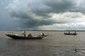 The fisherman`s life on boat in the bank of river.