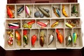 Fisherman's lures in a old tackle box Royalty Free Stock Photo