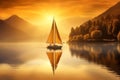 Fisherman sailing small boat across serene lake at dawn. Generative AI Royalty Free Stock Photo