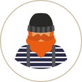 Fisherman/sailor man flat icon - a man with a mustache a beard wearing an in vest and overalls jumpsuit and knit hat.